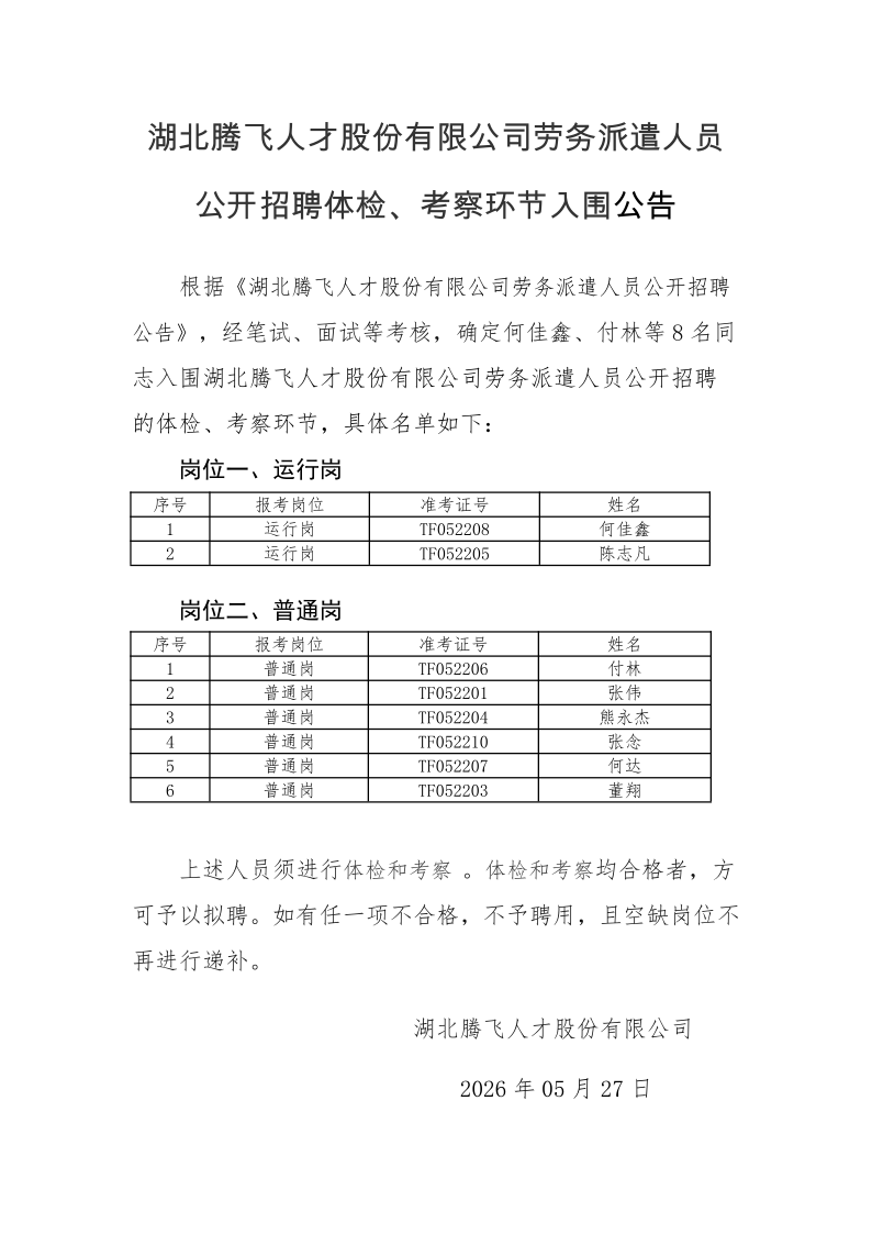 湖北腾飞人才股份有限公司劳务派遣人员公开招聘拟聘用人员公告2026.5.27_1.png