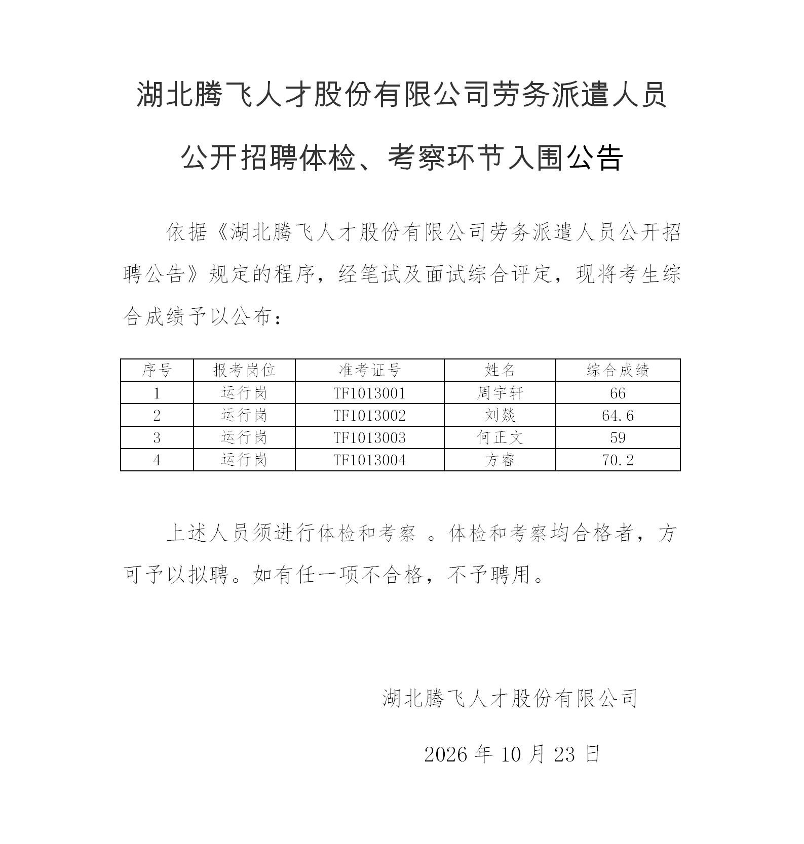 湖北腾飞人才股份有限公司劳务派遣人员公开招聘体检、考察环节公告2026.10.23_01.png